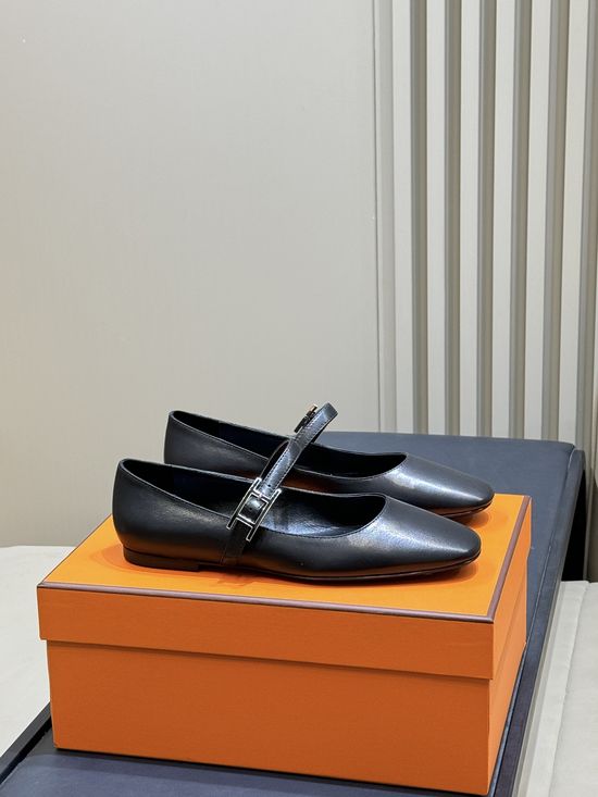 Hermes Elegant Square Toe Mary Janes Premium Leather Daily Shoes