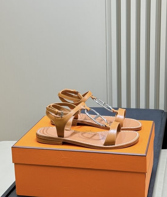 Hermes Cowhide Flat Sandals with Metal Buckle Elegant Comfortable Summer Shoes