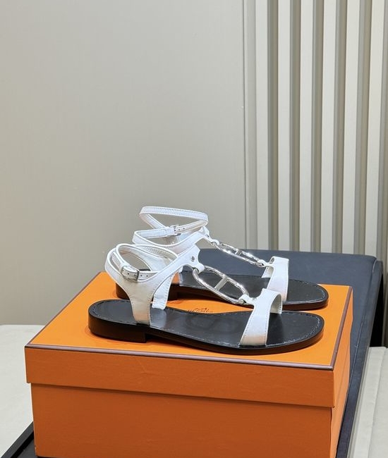 Hermes Cowhide Flat Sandals with Metal Buckle Elegant Comfortable Summer Shoes