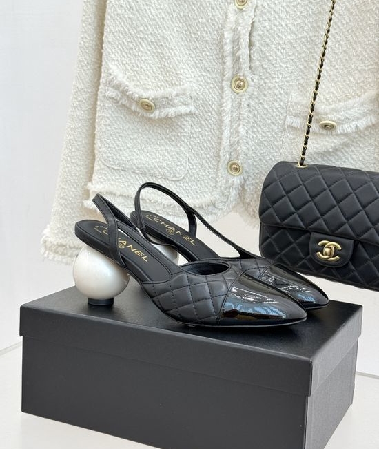 Chanel Pearl Heel Open Back Color Block Dress Sandals