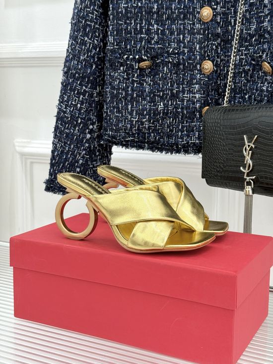 Ferragamo Chic Cross-Strap Block Heel Slippers with Ring