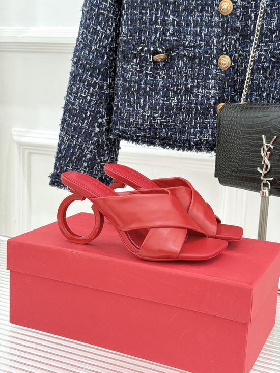 Ferragamo Chic Cross-Strap Block Heel Slippers with Ring