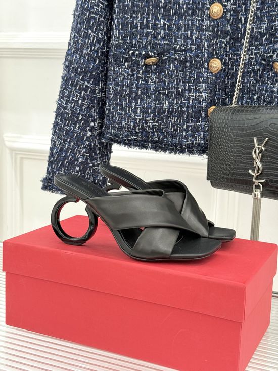 Ferragamo Chic Cross-Strap Block Heel Slippers with Ring