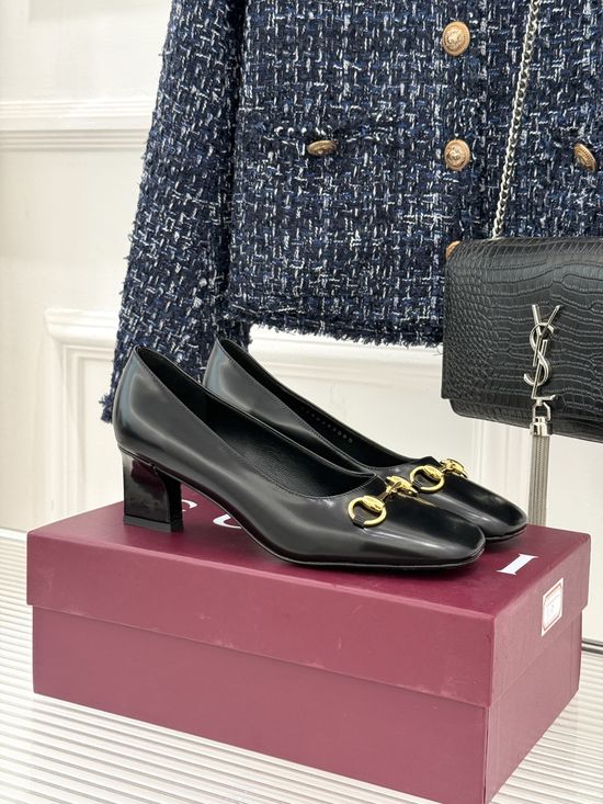 Gucci Classic Metal Accent Block Heel Leather Pumps