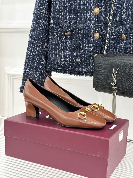 Gucci Classic Metal Accent Block Heel Leather Pumps