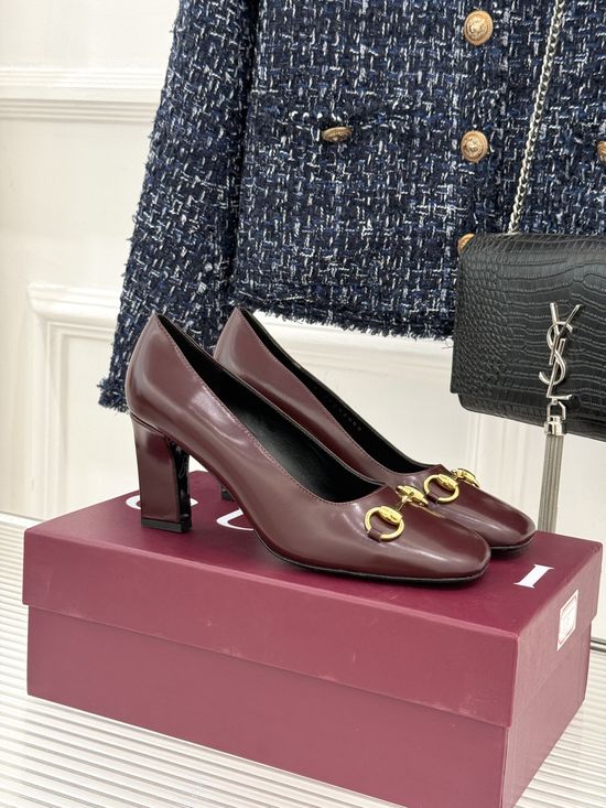 Gucci Classic Metal Accent Block Heel Leather Pumps