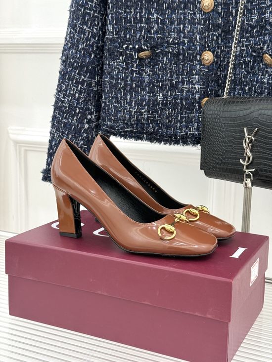Gucci Classic Metal Accent Block Heel Leather Pumps