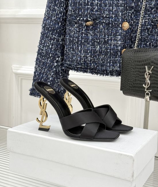 Yves Saint Laurent YSL Satin Crisscross Strap Block Heel Slide Sandals
