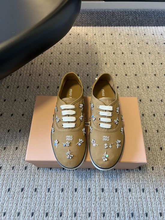 Miu Miu Rhinestone Embroidered Square Toe Casual Canvas Shoes