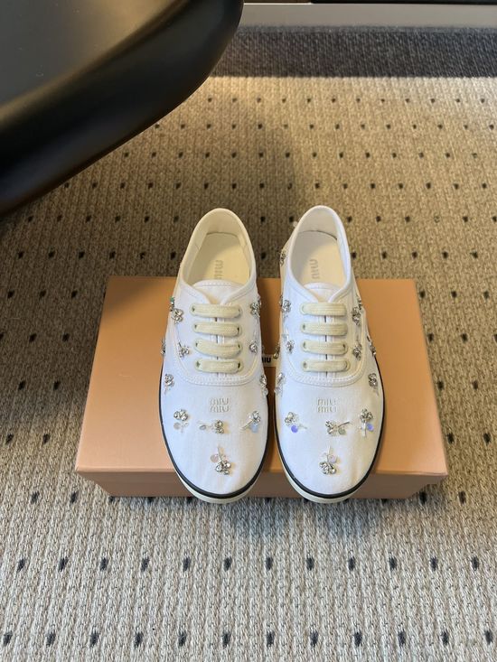 Miu Miu Rhinestone Embroidered Square Toe Casual Canvas Shoes
