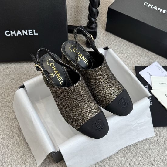 Chanel Classic Tweed Slingback Block Heel Sandals Leather Lined