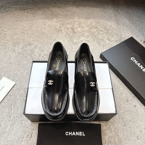 Chanel Rhinestone Buckle Polished Leather Slip On Classic Loafers