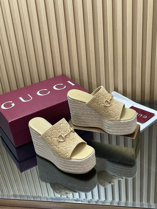 Gucci Suede Embossed Espadrille Platform Wedge Sandals