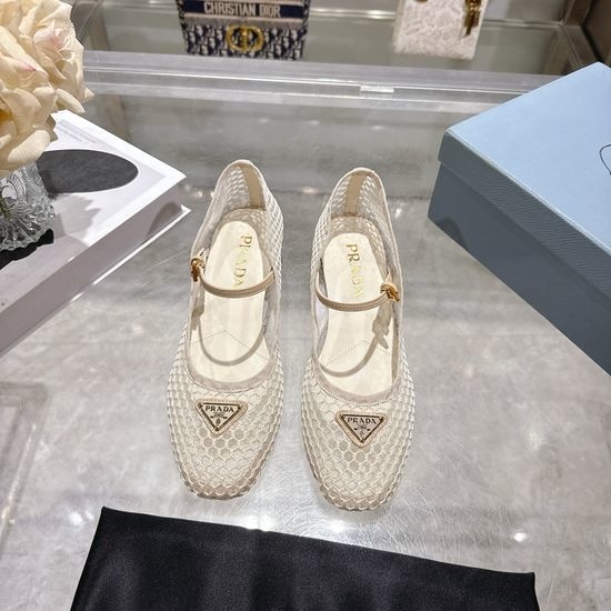 Prada Round Toe Block Heel Mary Jane Mesh Shoes