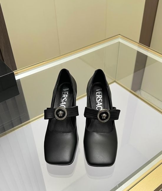 Versace Elegant Square Toe Leather Block Heel Pumps