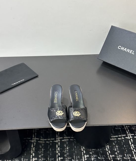 Chanel Cowhide Espadrille Platform Wedge Slip On Sandals