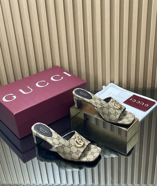 Gucci Vintage Buckle Chunky Heel Leather Slide Sandals