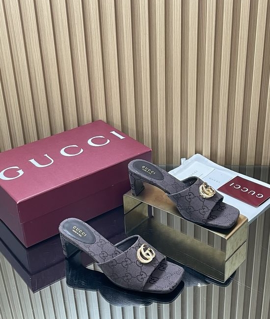 Gucci Vintage Buckle Chunky Heel Leather Slide Sandals