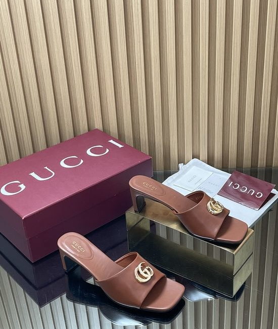 Gucci Vintage Buckle Chunky Heel Leather Slide Sandals