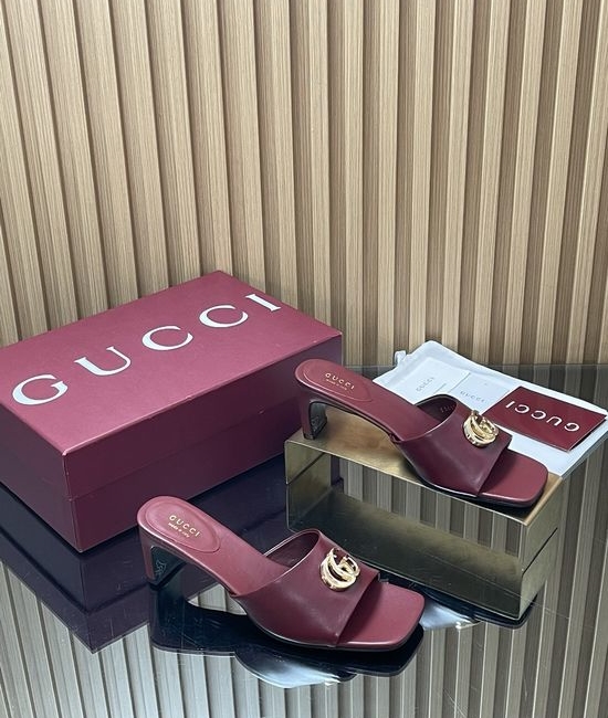 Gucci Vintage Buckle Chunky Heel Leather Slide Sandals