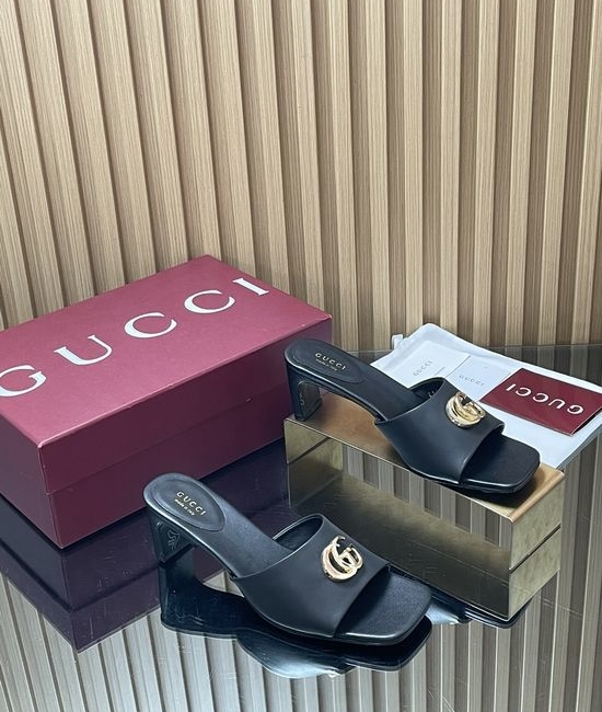 Gucci Vintage Buckle Chunky Heel Leather Slide Sandals