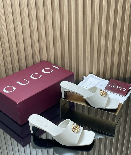 Gucci Vintage Buckle Chunky Heel Leather Slide Sandals