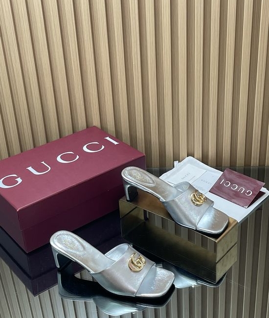 Gucci Vintage Buckle Chunky Heel Leather Slide Sandals