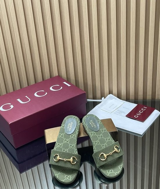Gucci Premium Printed Canvas Slide Sandals with Gold Accent