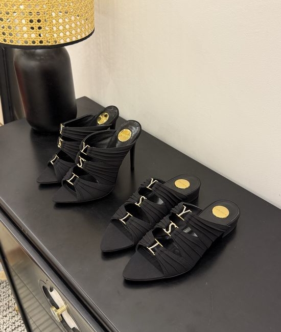 Yves Saint Laurent YSL Elegant Silk Upper Heeled Sandals With Logo Heel
