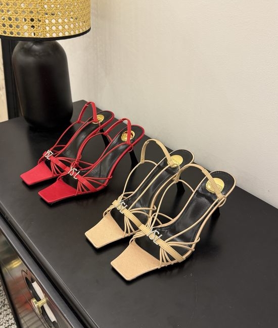 Yves Saint Laurent YSL Square Toe Silk Upper Heeled Sandals With Decorative Heel