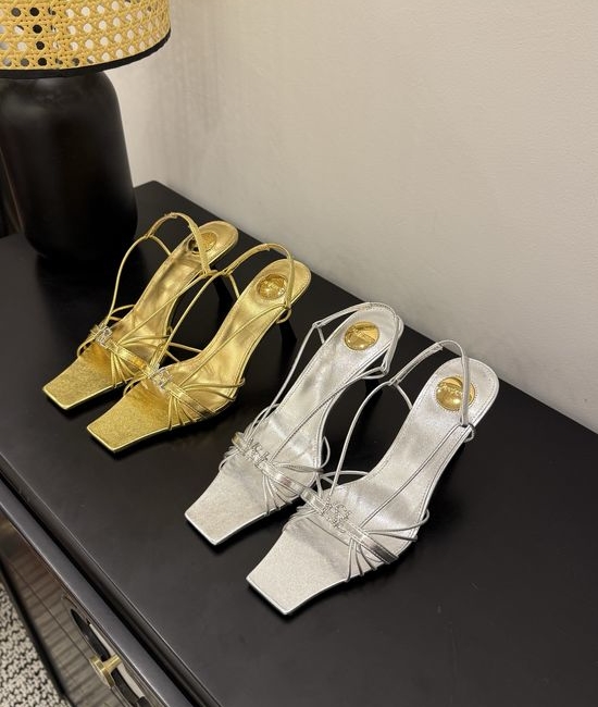Yves Saint Laurent YSL Square Toe Silk Upper Heeled Sandals With Decorative Heel
