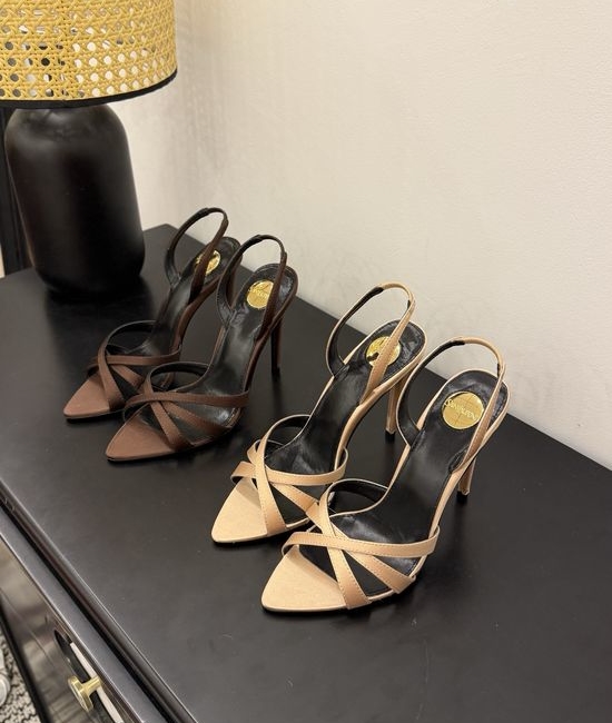 Yves Saint Laurent YSL Elegant High-Heeled Sandals with Metal Logo Chain
