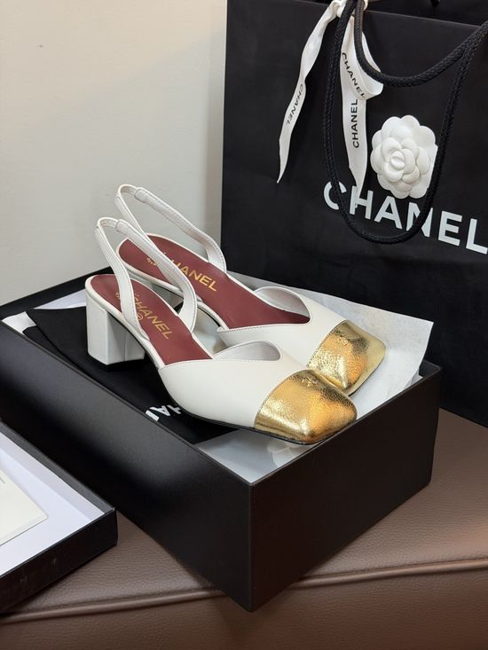 Chanel Square Toe Block Heel Slingback Leather Lined Shoes