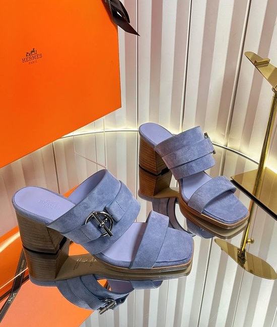 Hermes Classic Buckle Decor Block Heel Leather Slides