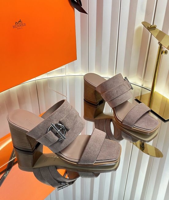 Hermes Classic Buckle Decor Block Heel Leather Slides