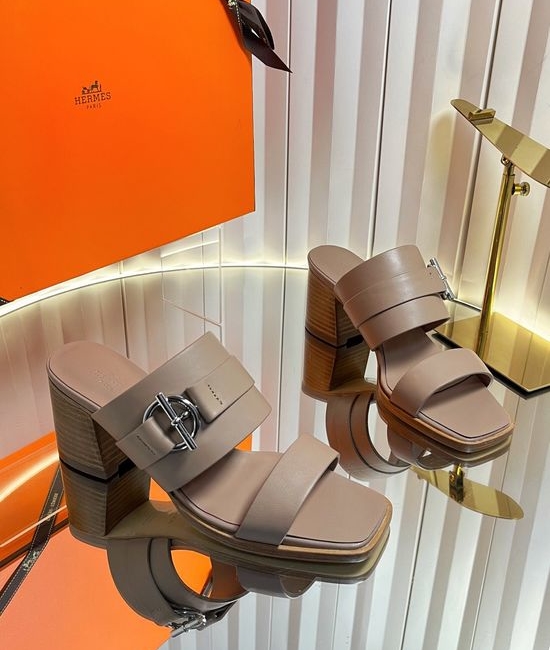 Hermes Classic Buckle Decor Block Heel Leather Slides