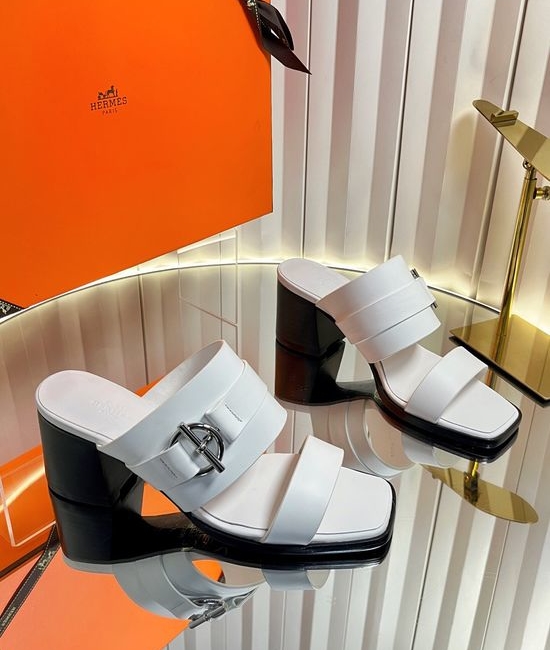 Hermes Classic Buckle Decor Block Heel Leather Slides