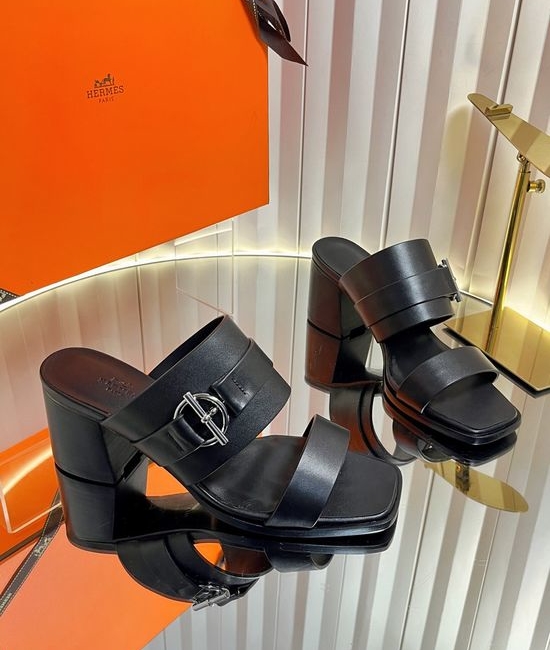 Hermes Classic Buckle Decor Block Heel Leather Slides