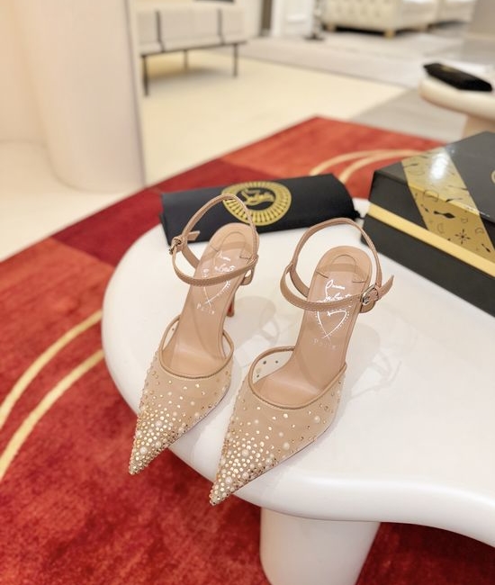 Christian Louboutine Mesh Rhinestone Decor Heeled Sandals Adjustable Ankle Strap