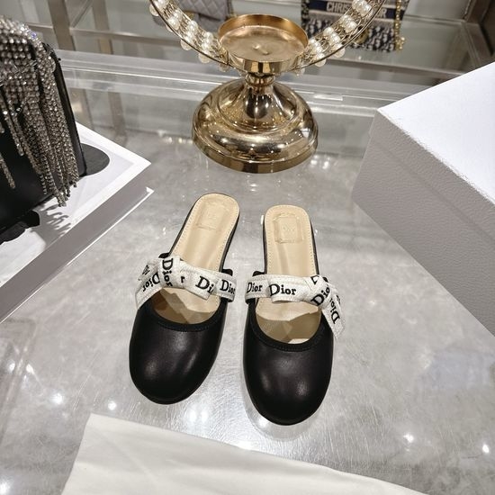 Christian Dior CD Embroidered Bow Flat Mule Slippers Comfortable Footwear