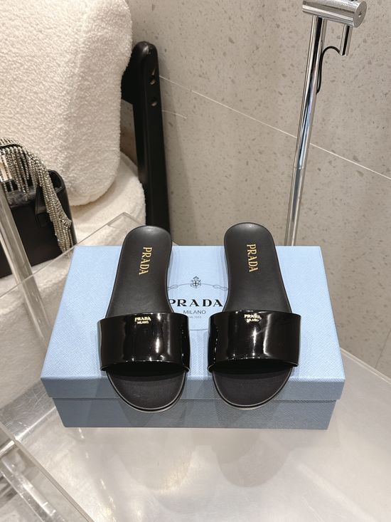 Prada Patent Leather Strap Flat Beach Slides With Sheepskin Lining