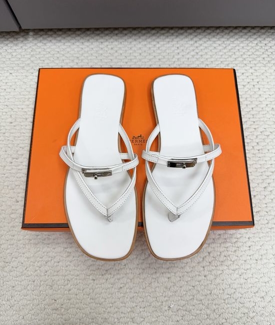 Hermes Buckle Decor Genuine Leather Low Heel Flip Flops