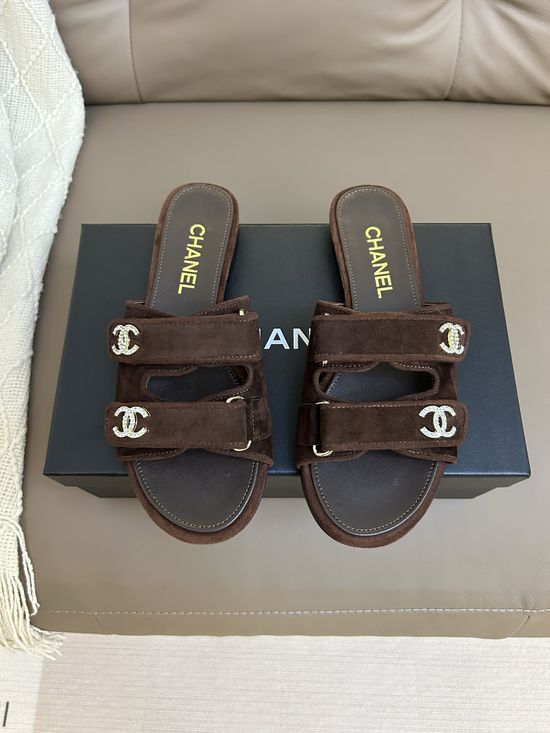 Chanel Rhinestone Buckle Adjustable Slide Sandals Suede Upper
