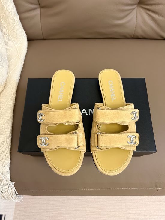 Chanel Rhinestone Buckle Adjustable Slide Sandals Suede Upper