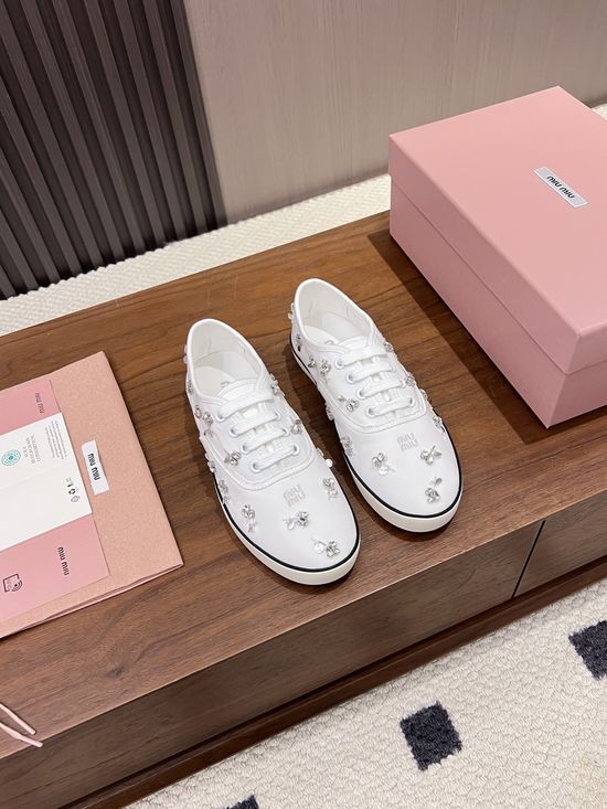 Miu Miu Rhinestone Decor Canvas Casual Flat Comfort Shoes