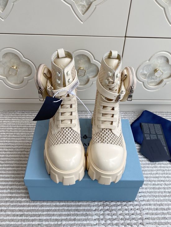 Prada Mesh Leather Chunky Sole Ankle Boots with Removable Pouch