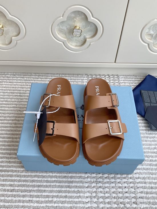 Prada Double Buckle Strap Thick Sole Slides Minimalist Stylish Non Slip Shoes
