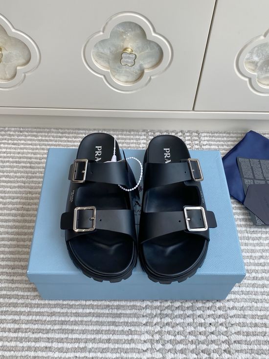 Prada Double Buckle Strap Thick Sole Slides Minimalist Stylish Non Slip Shoes