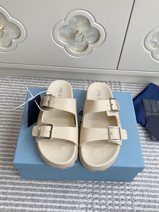 Prada Double Buckle Strap Thick Sole Slides Minimalist Stylish Non Slip Shoes