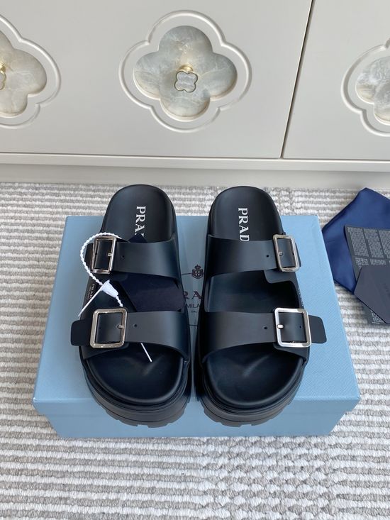 Prada Double Buckle Strap Thick Sole Slides Minimalist Stylish Non Slip Shoes
